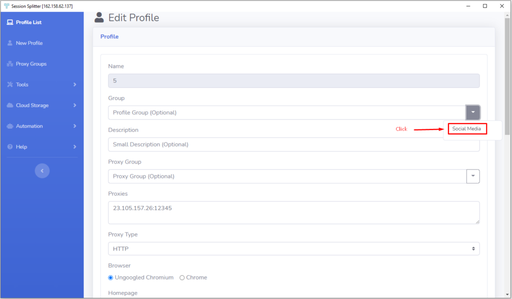 Group Profiles-add profile to group-click-dropdown-social-media