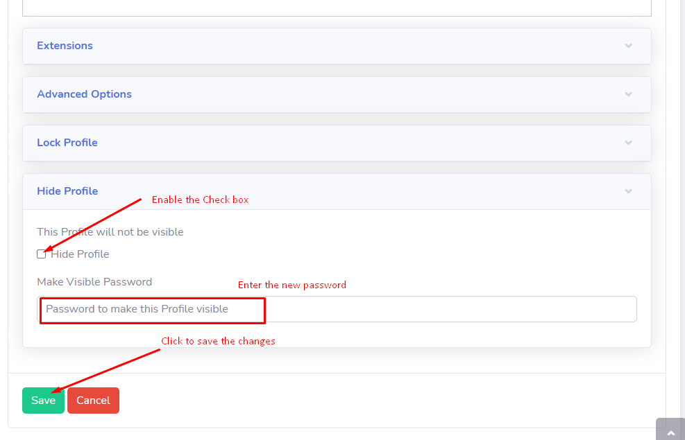 Hide Profile-save changes