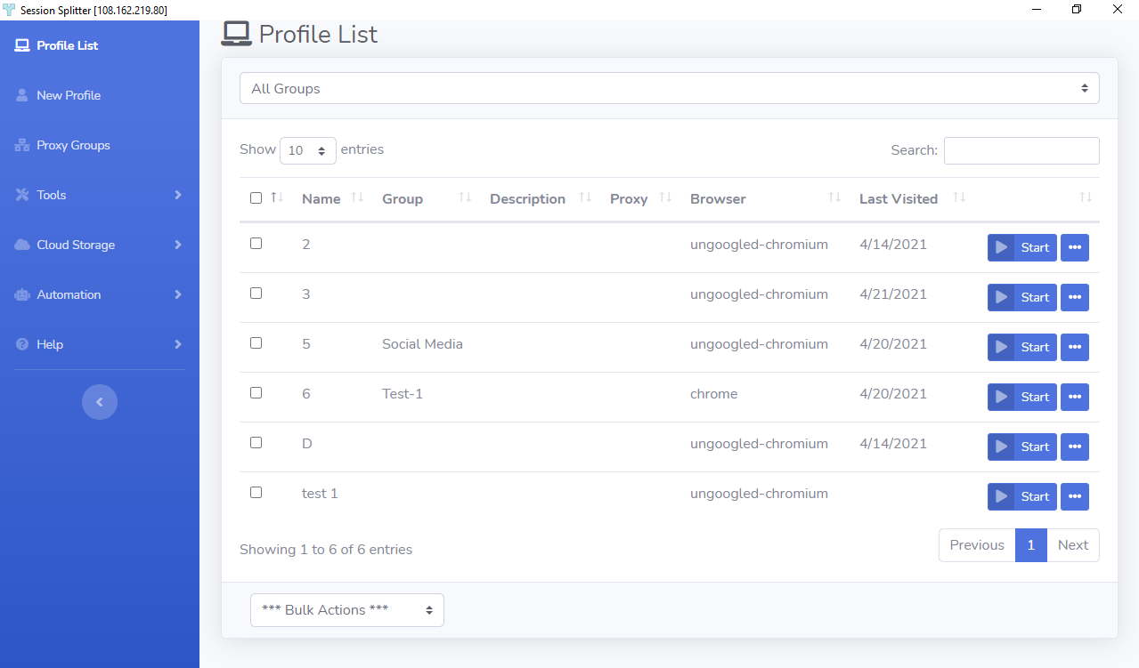 Session Splitter browser profile interface