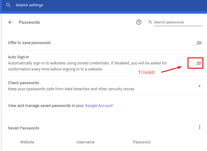 Toggle Auto sign-in